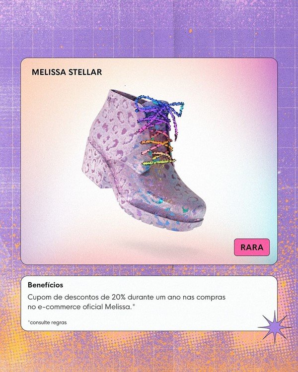 Poster de divulgação dos calçados da Melissa que foram transformados em NFT. Acima, modelo Stellar, na cor lilás e com partículas de glitter, e um texto que explica o benefício que o cliente receberá ao adquirir o criptoativo.
