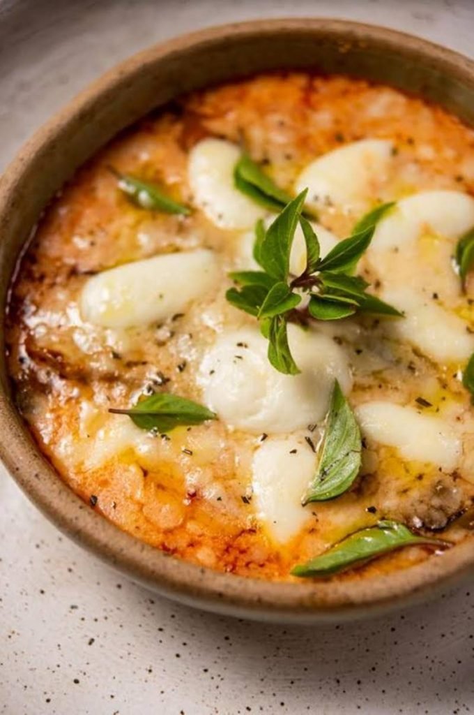 foto de cumbuca com queijo gratinado e folhas verdes