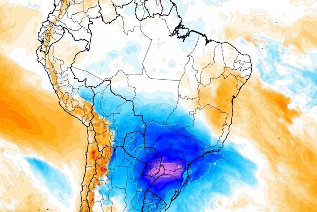 mapa de calor mostra onde de ar frio em cima do Brasil