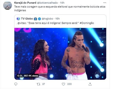 Vitão Elogiado por indígenas