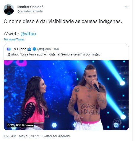 Vitão Elogiado por indígenas