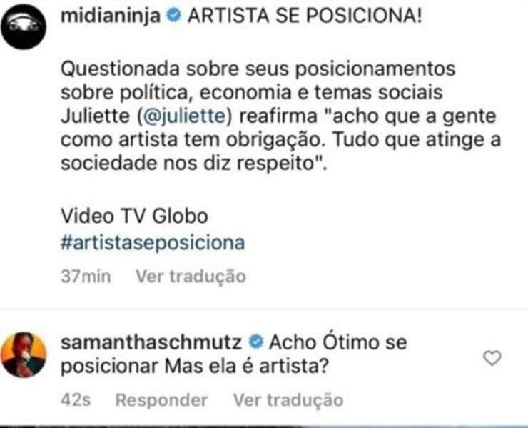 Samantha Schmütz alfineta ex-BBB Juliette Freire: 