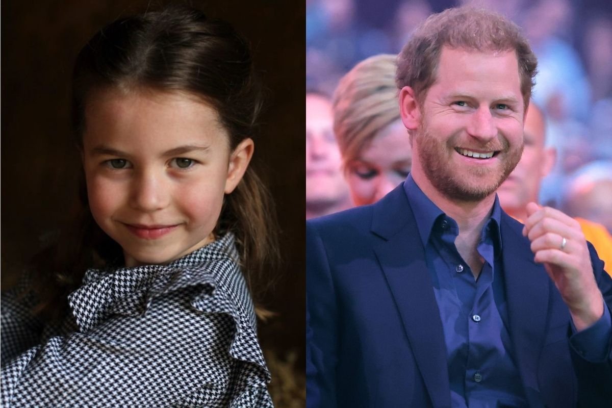 Foto colorida. Montagem com fotos da princesa Charlotte e do príncipe Harry