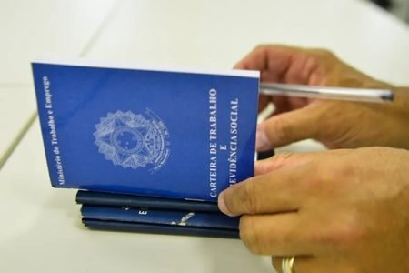 foto mostra duas mãos segurando uma carteira de trabalho e uma caneta