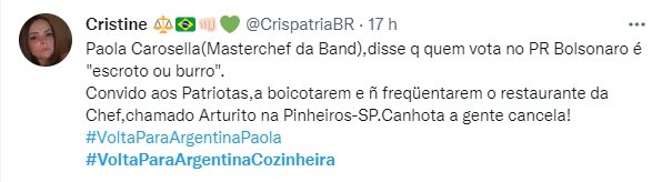 Bolsonaristas criticam e boicotam restaurante da chef Paola Carosella no Twitter após críticas dela ao presidente Bolsonaro - Metrópoles