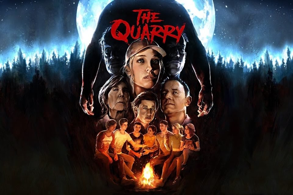 Capa do jogo de terror "The Quarry", mostrando o rosto de vários personagens em meio a uma floresta escura com a lua atrás - Metrópoles