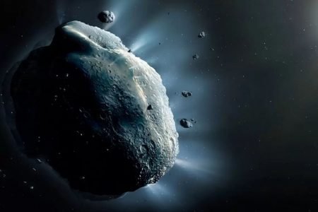 Arte computadorizada mostra asteróide em espaço com forte luz por trás - Metrópoles