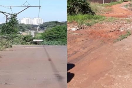 Parte de rua com asfalto e sem, onde casal caiu em vala, em Goiânia, Goiás
