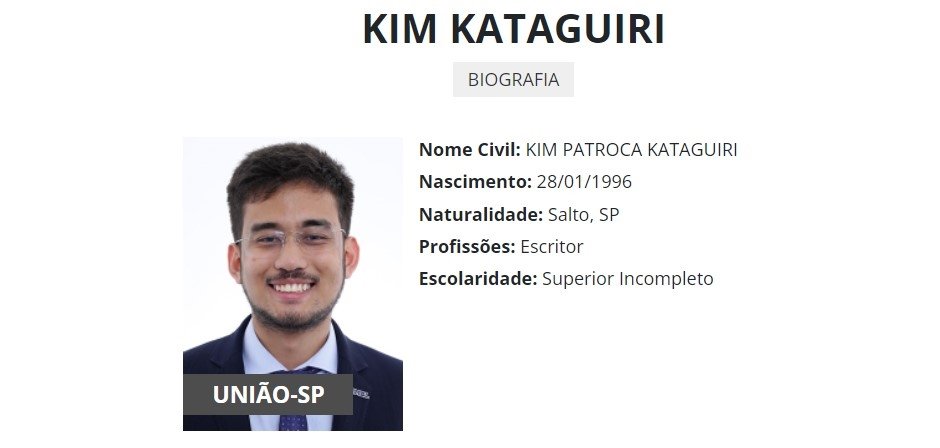 O perfil do deputado Kim Kataguiri no site da Câmara dos Deputados, com sua foto e dados apontando sua escolaridade como