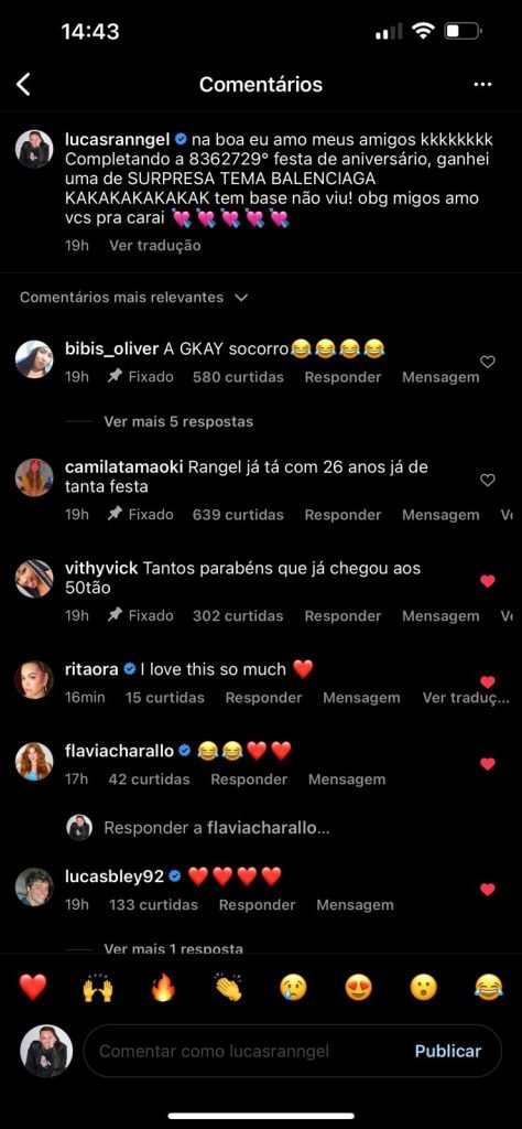 Rita Ora comentou sobre a festa surpresa de Lucas Rangel