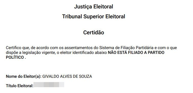 Givaldo Alves, o mendigo, não está filiado a partido político. Site do TSE