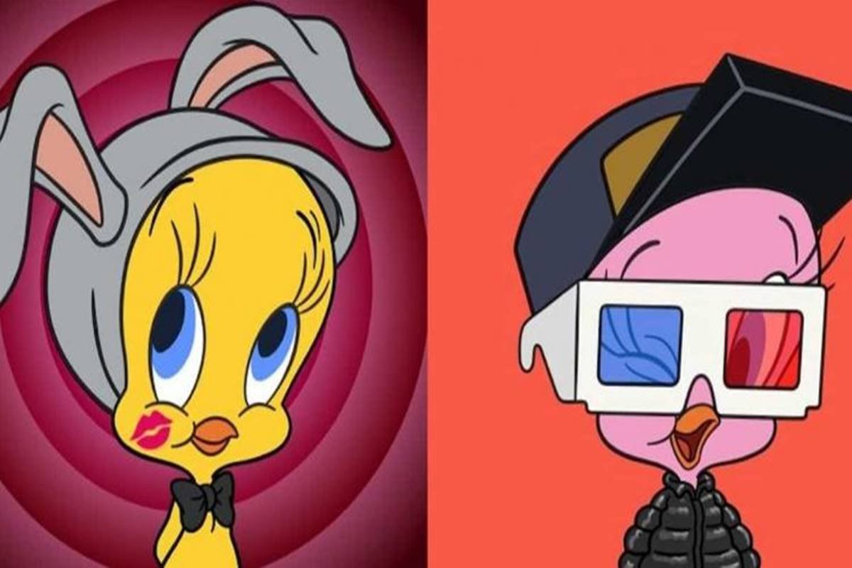 montagem de dois desenhos coloridos::ao lado esquerdo está o piu-piu amarelo, e à direita o piu-piu está rosa com boné e um óculos 3D