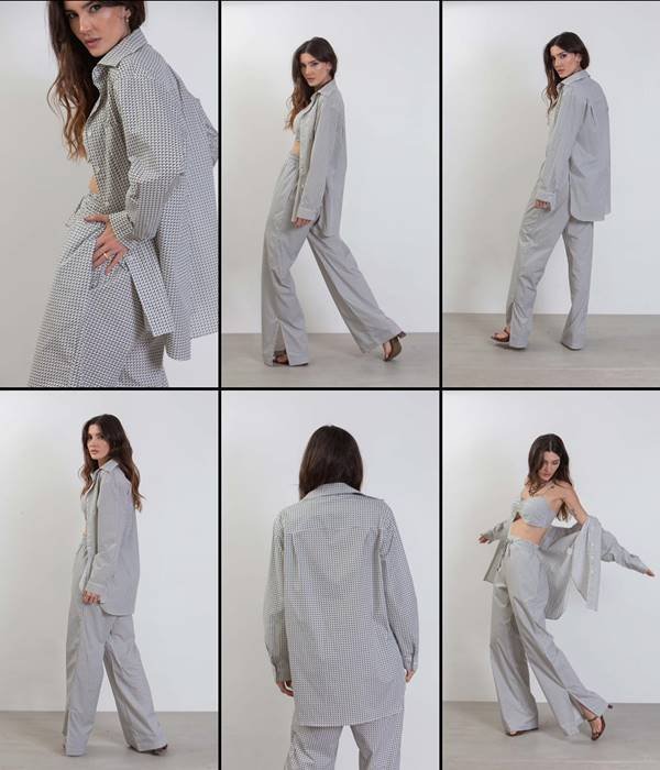 Modelo em uma colagem de seis fotos usando um conjunto de calça e camisa branco com detalhes em preto