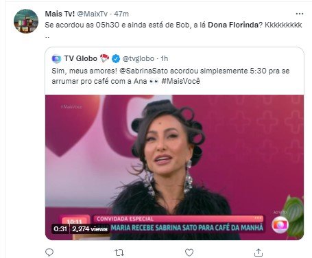 Sabrina usa bobs no cabelo no Mais Você e leva dona florinda aos TTs