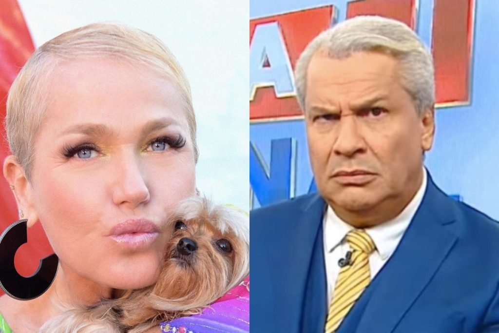 A apresentadora Xuxa Meneghel posa com sua cachorrinha (esquerda) e o apresentador Sikêra Jr. olha para a câmera (direita) - Metrópoles