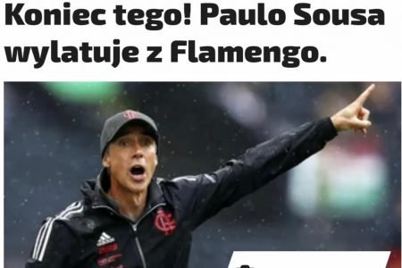 Capa de jornal polonês comemora saída do técnico português Paulo Sousa da Flamengo. Abaixo do texto, foto dela no campo em dia de chuva apontando pra cima e gritando - Metrópoles