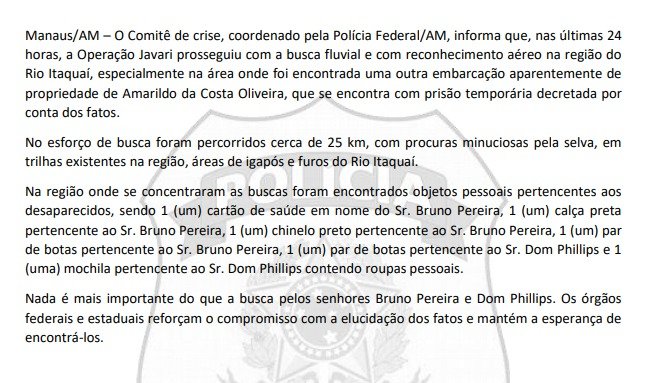 Nota da Polícia Federal sobre o caso de Dom Phillips e Bruno Pereira