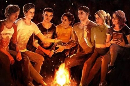 desenho colorida de sete pessoas em volta de uma fogueira