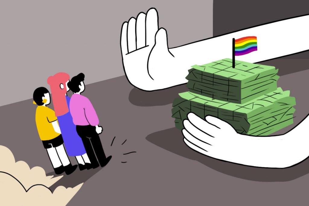 Ilustração de pessoas olhando mão tocando em dinheiro com bandeira LGBT e afastando