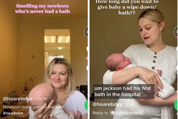 montagem de duas fotos coloridas de mãe segurando seu bebê