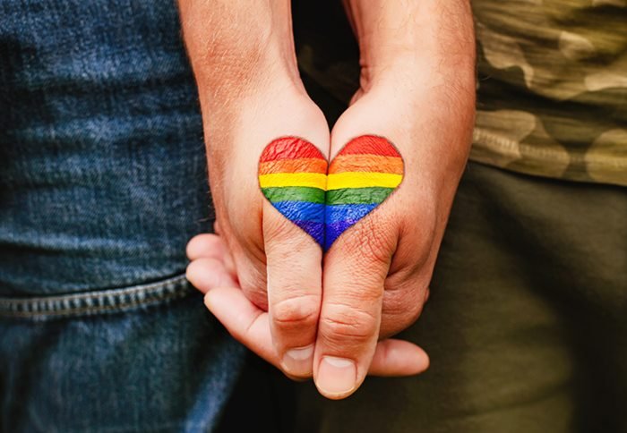 bandeira do orgulho LGBTQIAPN+ desenhado em duas mãos
