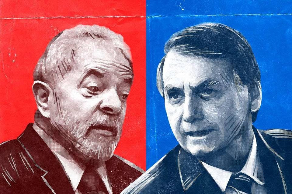 Lula e Bolsonaro em arte com fundo vermelho e azul