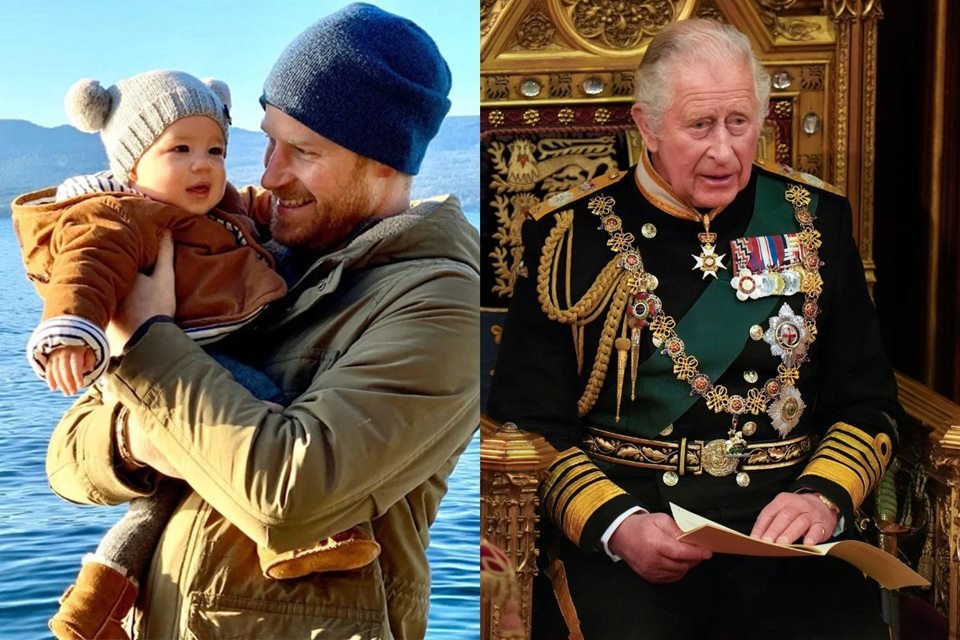 Montagem com fotos de um homem branco segurando um bebê. A outra traz um idoso branco, com trajes militares, sentado em um trono