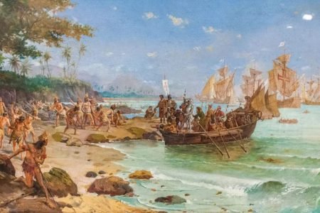 pintura do desembarque de Pedro Alvares Cabral em Porto Seguro em 1500