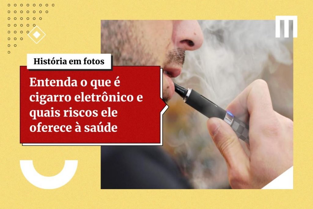 arte com fundo amarelo e homem fumando cigarro eletrônico