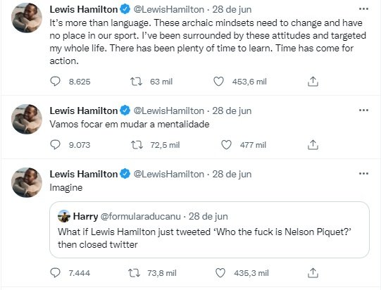 Lewis Hamilton se pronuncia no Twitter sobre caso de racismo