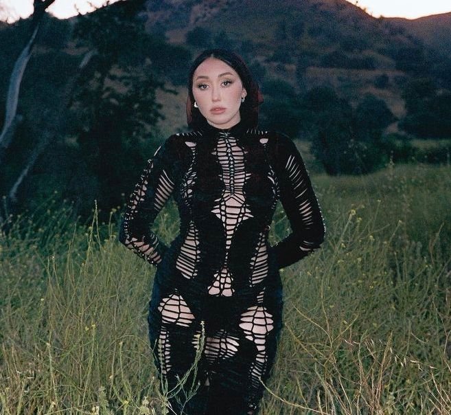 Irmã de Miley Cyrus, Noah Cyrus, posa em para câmera em campo de flores com morro ao fundo em entardecer. Ela usa vestido preto de renda e é branca com cabelo escuro, longo e liso - Metrópoles