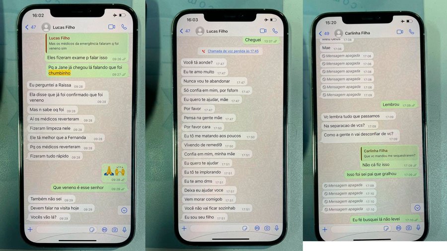Três fotos justapostas mostram celular de madrasta acusada de envenenar enteados no Rio de Janeiro aberto em conversa de WhatsApp com os filhos Lucas e Carla - Metrópoles