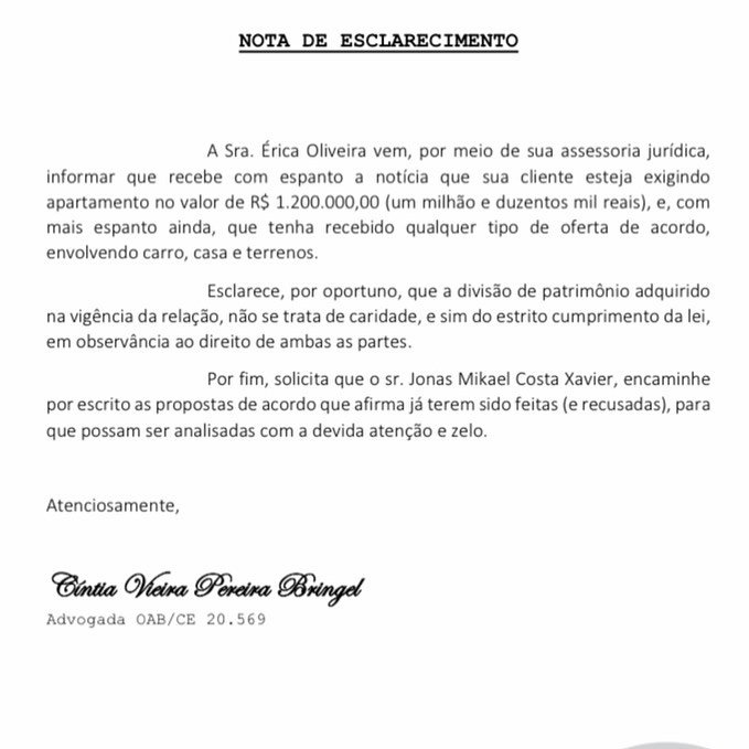 Comunicado de Herica Oliveira