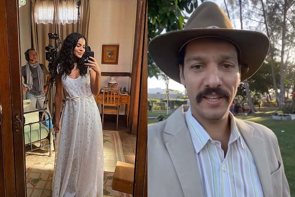 Bella Campos e Guito posam como noivos em Pantanal