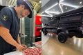 André Marques corta carne em cozinha (esquerda) e foto justaposta mostra a picape em que o ex-apresentador venderá seus produtos - Metrópoles