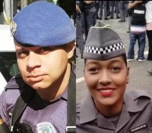 Em fotos justapostas, o policial Rafael Oliveira Tavares (direita) e seu namorada, a também policial Jéssica Amanda (esquerda) que ele matou antes de se suicidar dentro de carro, em São Paulo - Metrópoles
