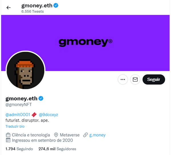 Print do perfil do Twitter do GMoney, investidor mais famoso no ramo dos NFTs