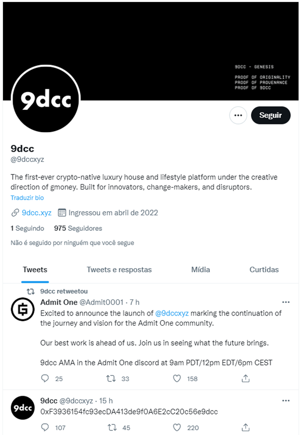 Print do perfil do Twitter da marca 9dcc, de itens de luxo de NFT criada pelo GMoney, investidor mais famoso no ramo dos NFTs