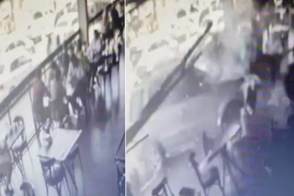 Mesa com clientes é atingida por carro que invadiu restaurante, em Goiânia