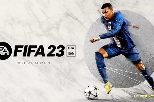 Cartaz de divulgação do jogo Fifa23, da EA Sportes, com a imagem do jogador francês Mbappé correndo com uma bola próxima ao pé - Metrópoles