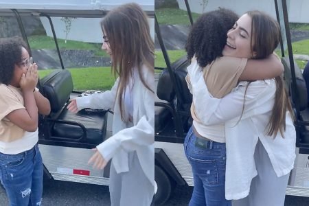 Maria Flor, filha de Douglas Silva, conhece Jade Picon na Globo