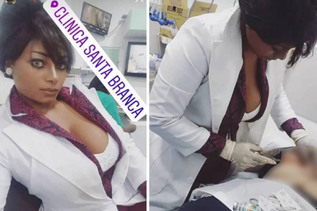 Kellen Queiroz, técnica de enfermagem, acusada de se passar por médica na clínica de Bolivar Guerrero, preso após manter paciente em cárcere privado. Nas fotos justapistas, ela tira selfie marcando a localização da clínica (esquerda) e faz procedimento em rosto de cliente numa sala (direita) - Metrópoles