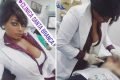 Kellen Queiroz, técnica de enfermagem, acusada de se passar por médica na clínica de Bolivar Guerrero, preso após manter paciente em cárcere privado. Nas fotos justapistas, ela tira selfie marcando a localização da clínica (esquerda) e faz procedimento em rosto de cliente numa sala (direita) - Metrópoles