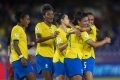 Brasil comemora gol em jogo contra o Peru