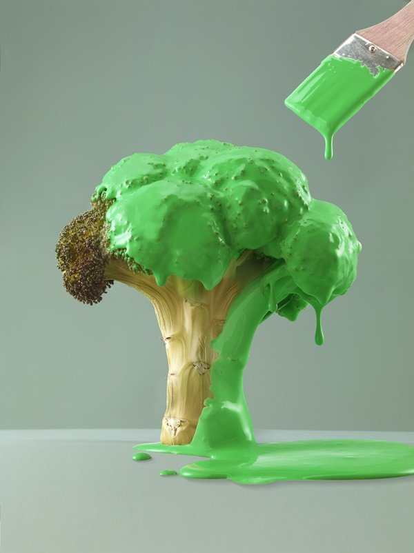 Pedaço de um brócolis, que lembra uma árvore, sendo pintado de verde