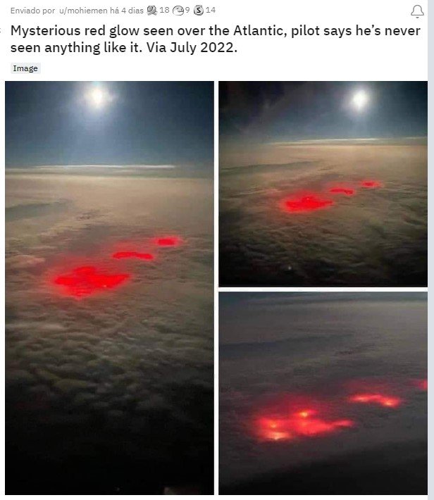 Piloto fotografa luz brilhante e vermelha vinda do oceano Atlântico em fotos postadas da rede social Reddit - Metrópoles