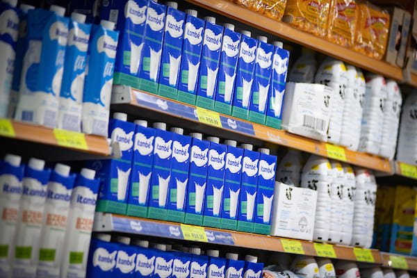 Prateleiras no supermercado com diversas garrafas de leite de marcas variadas - Metrópoles