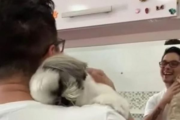 foto colorida de homem abraçando cachorro