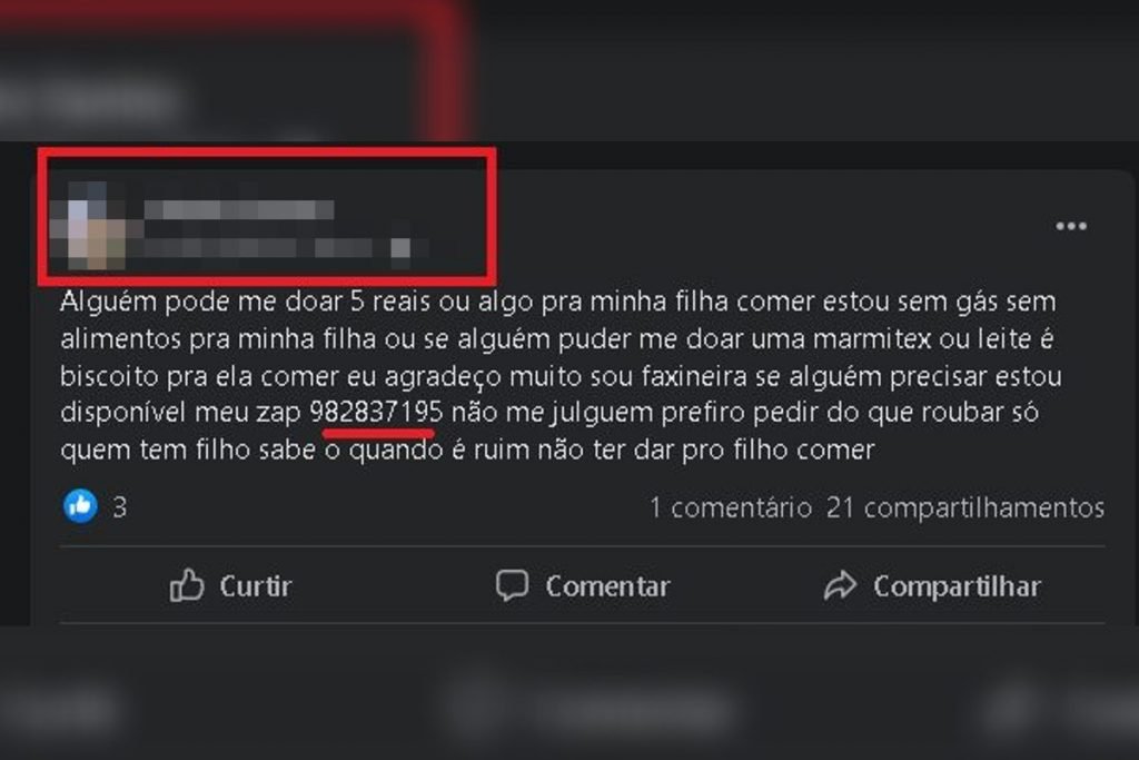 Em rede social, golpista descreve história de pessoa em situação de pobreza e pede doações em dinheiro e PIX - Metrópoles