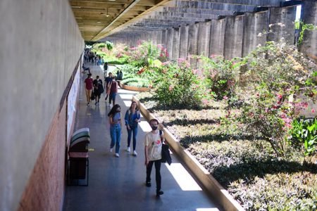 Alunos caminham no Instituto de Ciências Centrais, o ICC, um dos principais prédios da Universidade de Brasília. Ao lado do corredor, um jardim - Metrópoles